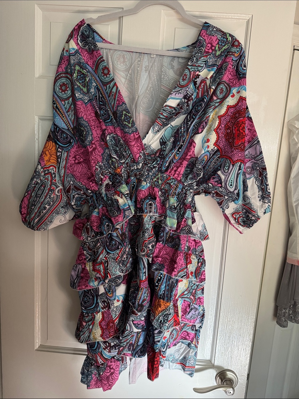Pink Paisley V-Neck Ruffled Mini Dress